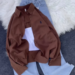 Classic Brown Button-Down Shirt and Light-Wash Denim Co-ord Set