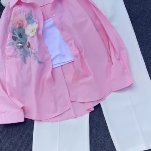 Floral Appliqué Pink Shirt and White Trouser Co-ord Set