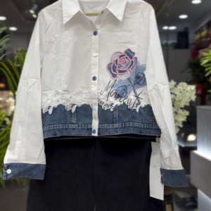 Mixed-Media Floral Denim-Paneled Shirt and Trouser Set