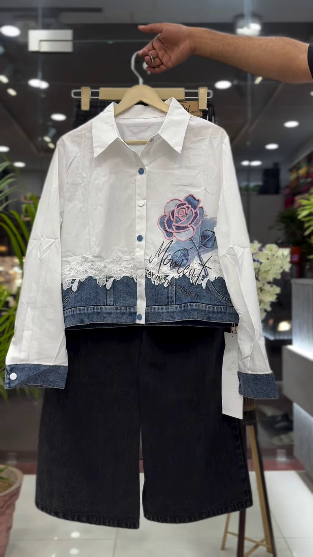 Mixed-Media Floral Denim-Paneled Shirt and Trouser Set