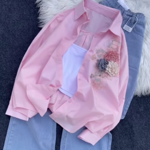 Floral Appliqué Button-Down Shirt and Denim Co-ord Set