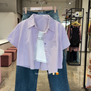 Pastel Button-Down Crop Shirt and Rhinestone-Embellished Denim Co-ord Set