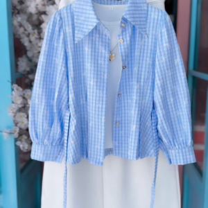Blue Gingham Puff-Sleeve Shirt and White Trouser Co-ord Set