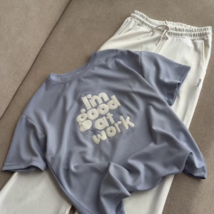 Graphic "I'm Good at Work" T-Shirt and Maroon Lounge Set