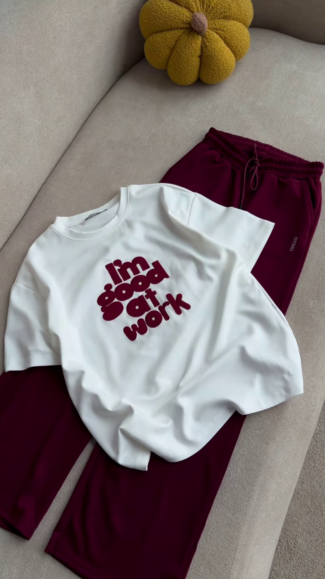 Graphic "I'm Good at Work" T-Shirt and Maroon Lounge Set - Image 4