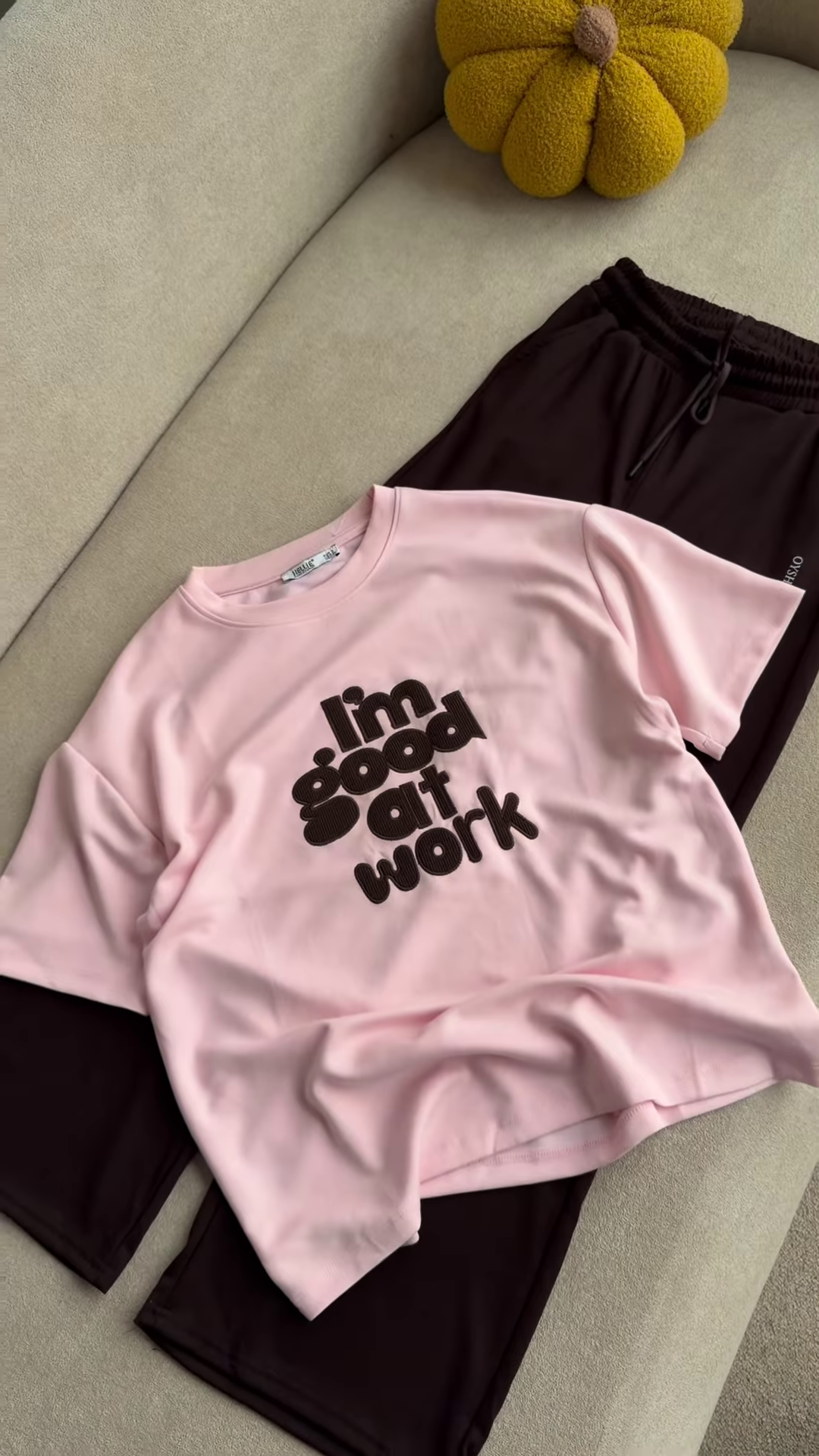 Graphic "I'm Good at Work" T-Shirt and Maroon Lounge Set - Image 3