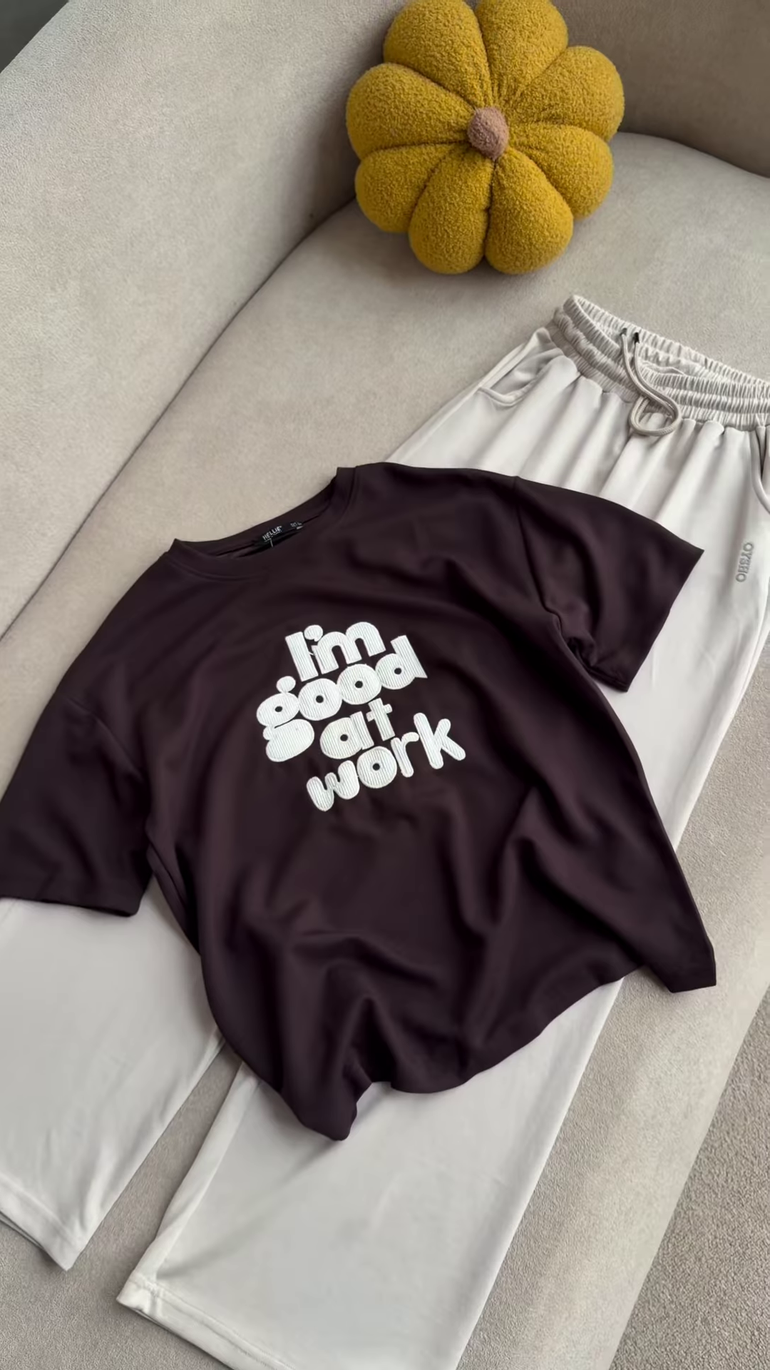Graphic "I'm Good at Work" T-Shirt and Maroon Lounge Set - Image 2