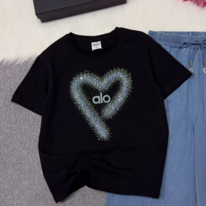 Rhinestone Heart-Embellished Logo T-Shirt and Denim Trousers Set