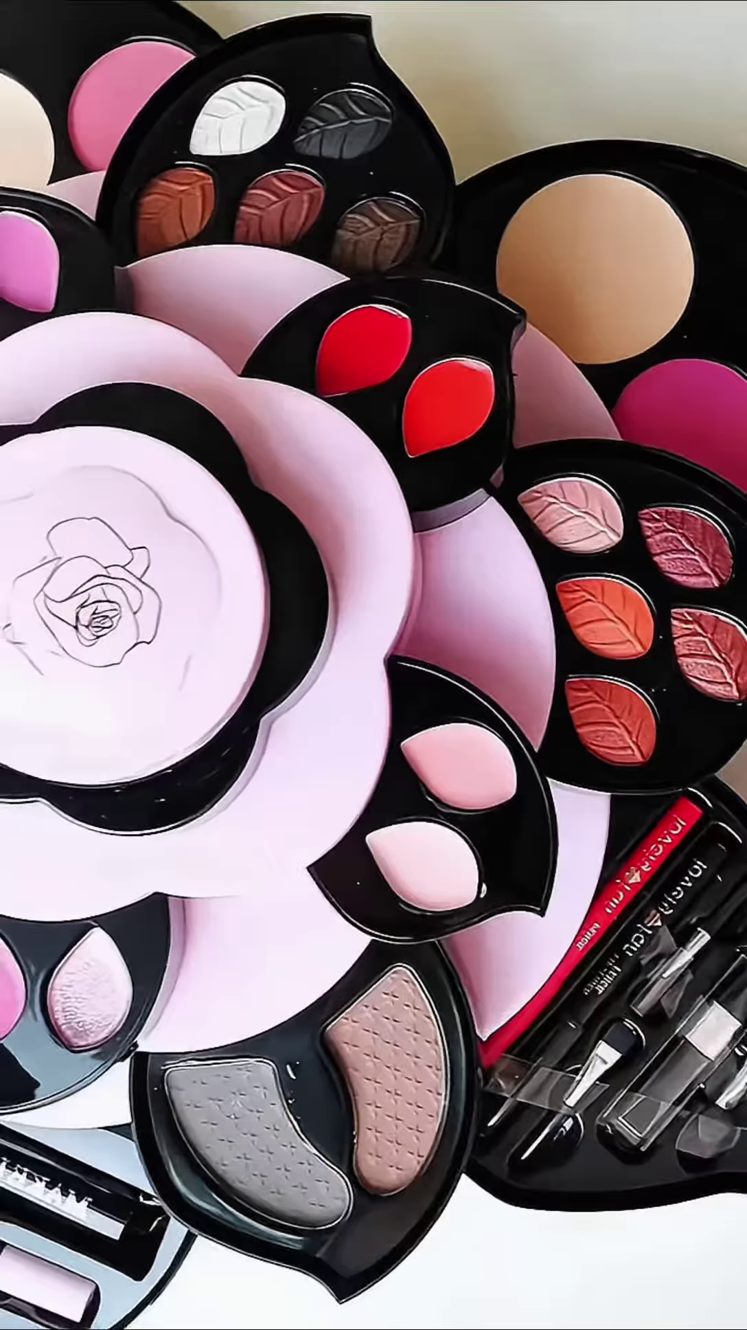 Large Rotating Flower Makeup Organizer Set with Eyeshadows, Blush, Lip Products, and Brushes - Image 3