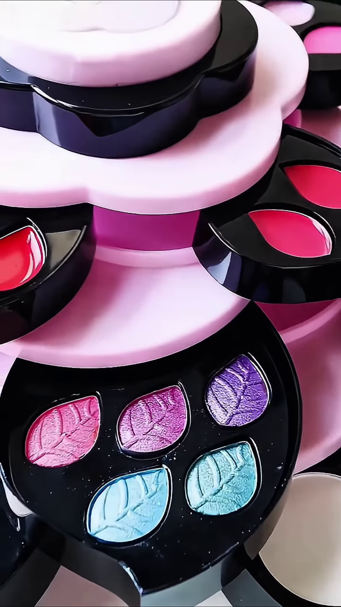 Large Rotating Flower Makeup Organizer Set with Eyeshadows, Blush, Lip Products, and Brushes - Image 4