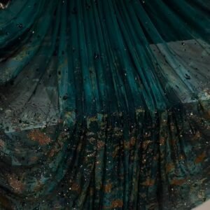 Emerald Enchantment Hand-Embellished Net Saree