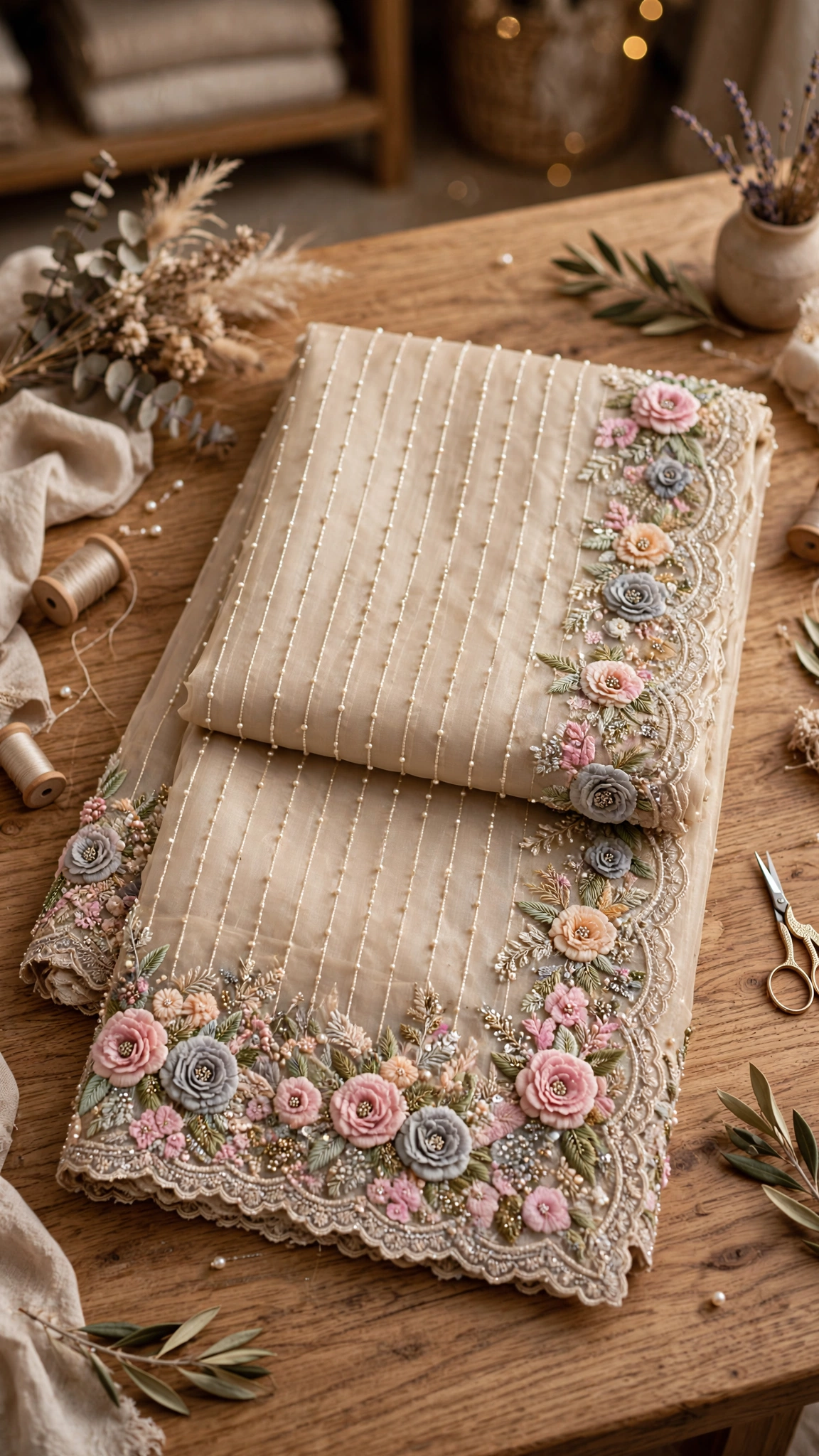 Ethereal Blush & Sage Hand-Embellished Organza Saree