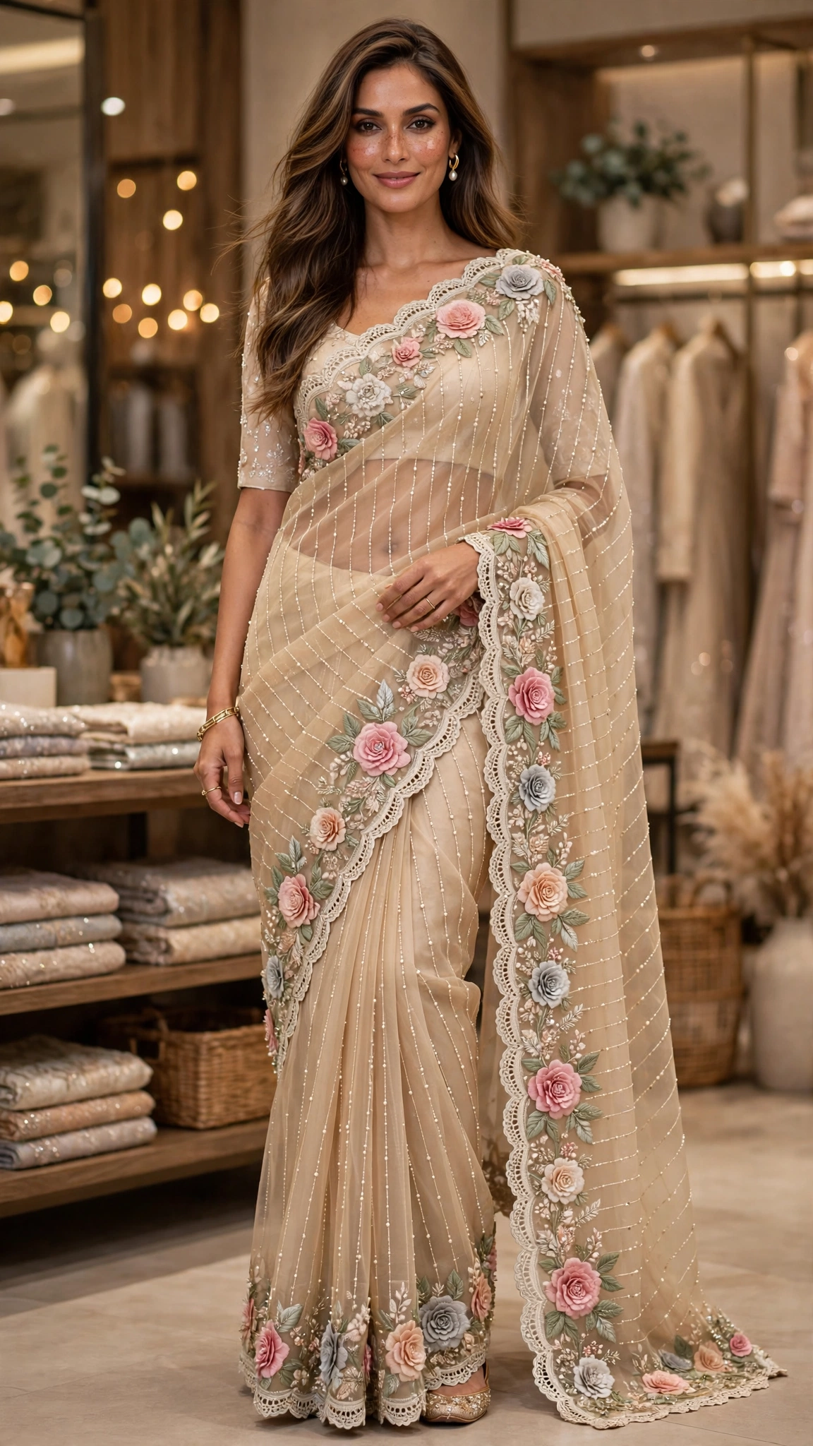 Ethereal Blush & Sage Hand-Embellished Organza Saree - Image 2