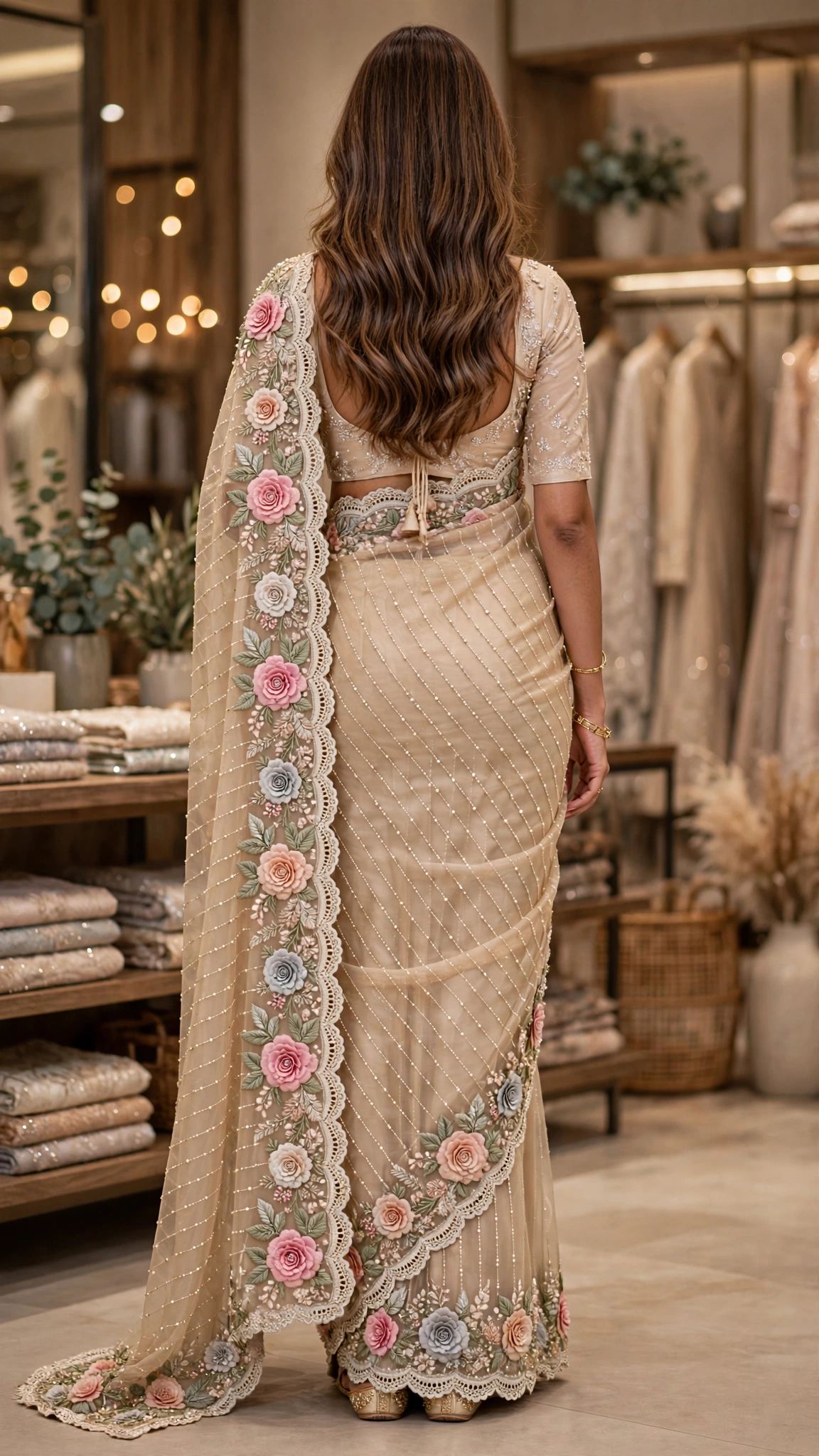 Ethereal Blush & Sage Hand-Embellished Organza Saree - Image 3