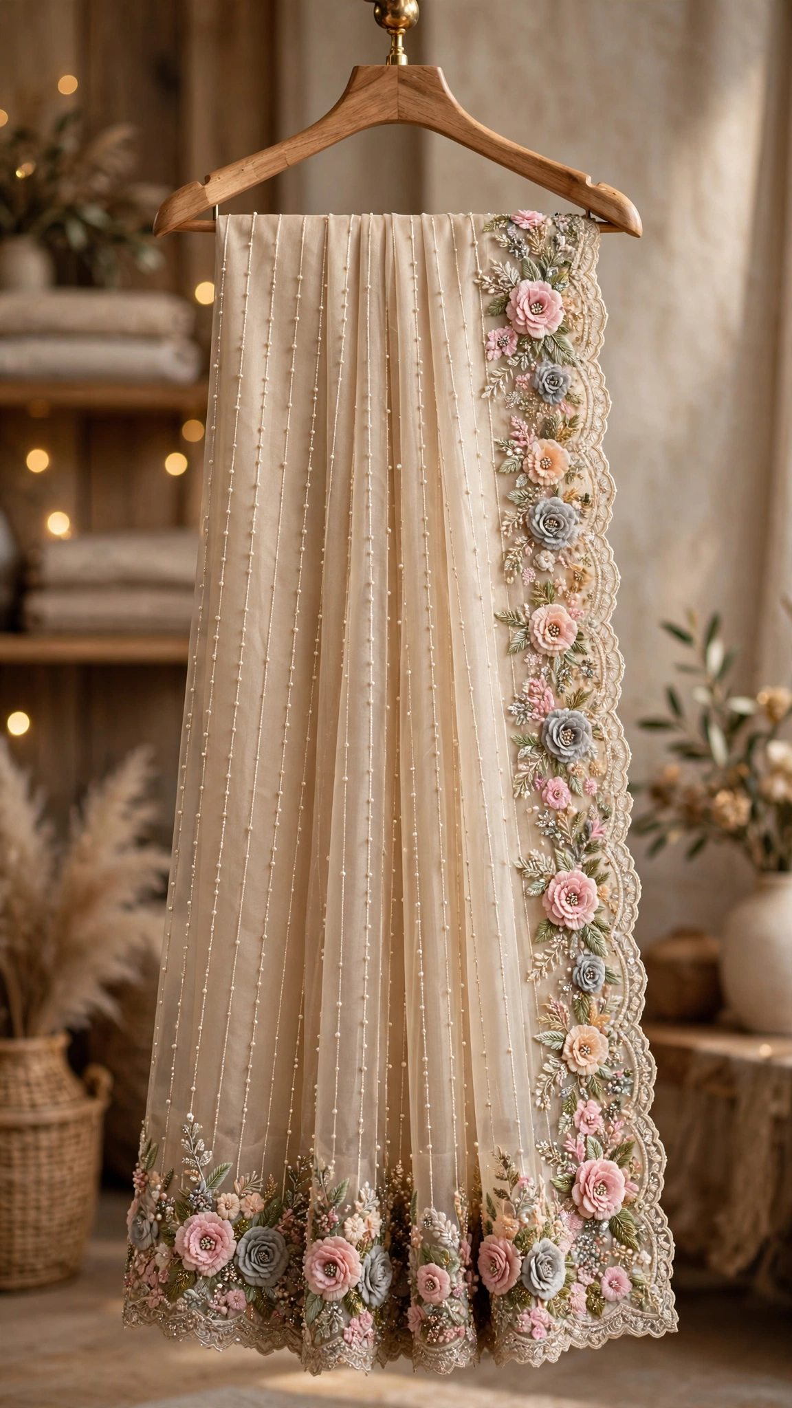 Ethereal Blush & Sage Hand-Embellished Organza Saree - Image 4