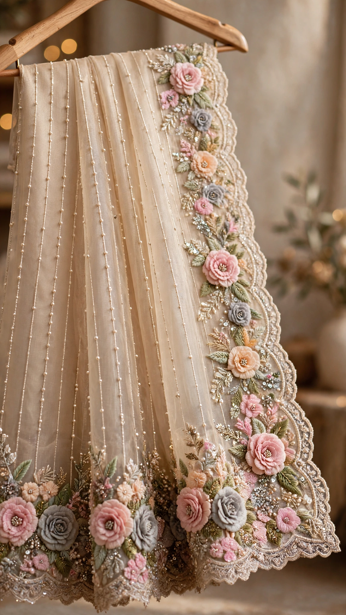 Ethereal Blush & Sage Hand-Embellished Organza Saree - Image 5