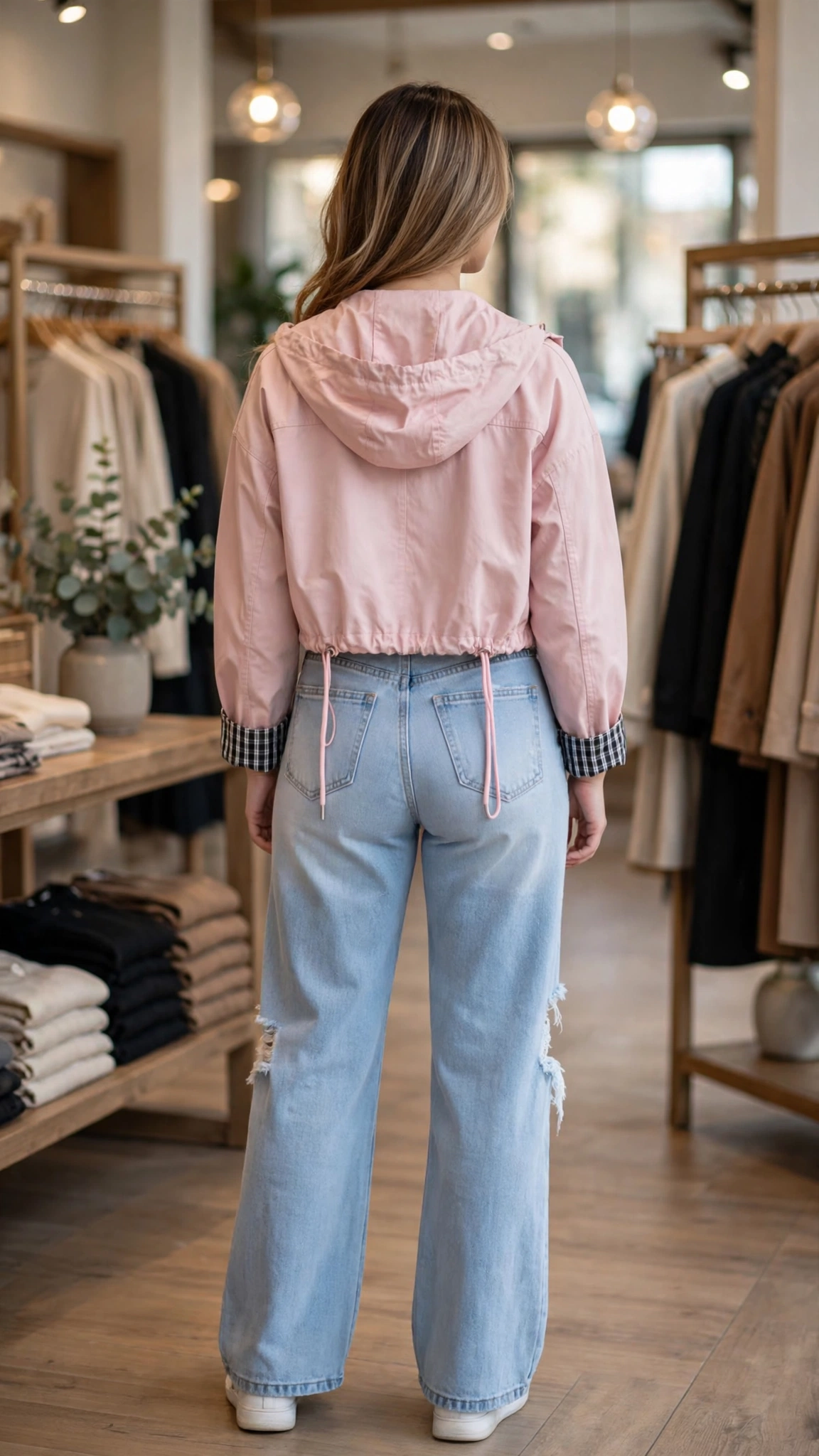 Urban Chic Zip-Up Hoodie Jacket & Distressed Denim Set – Available in Pink, Beige, Black & Blue - Image 2