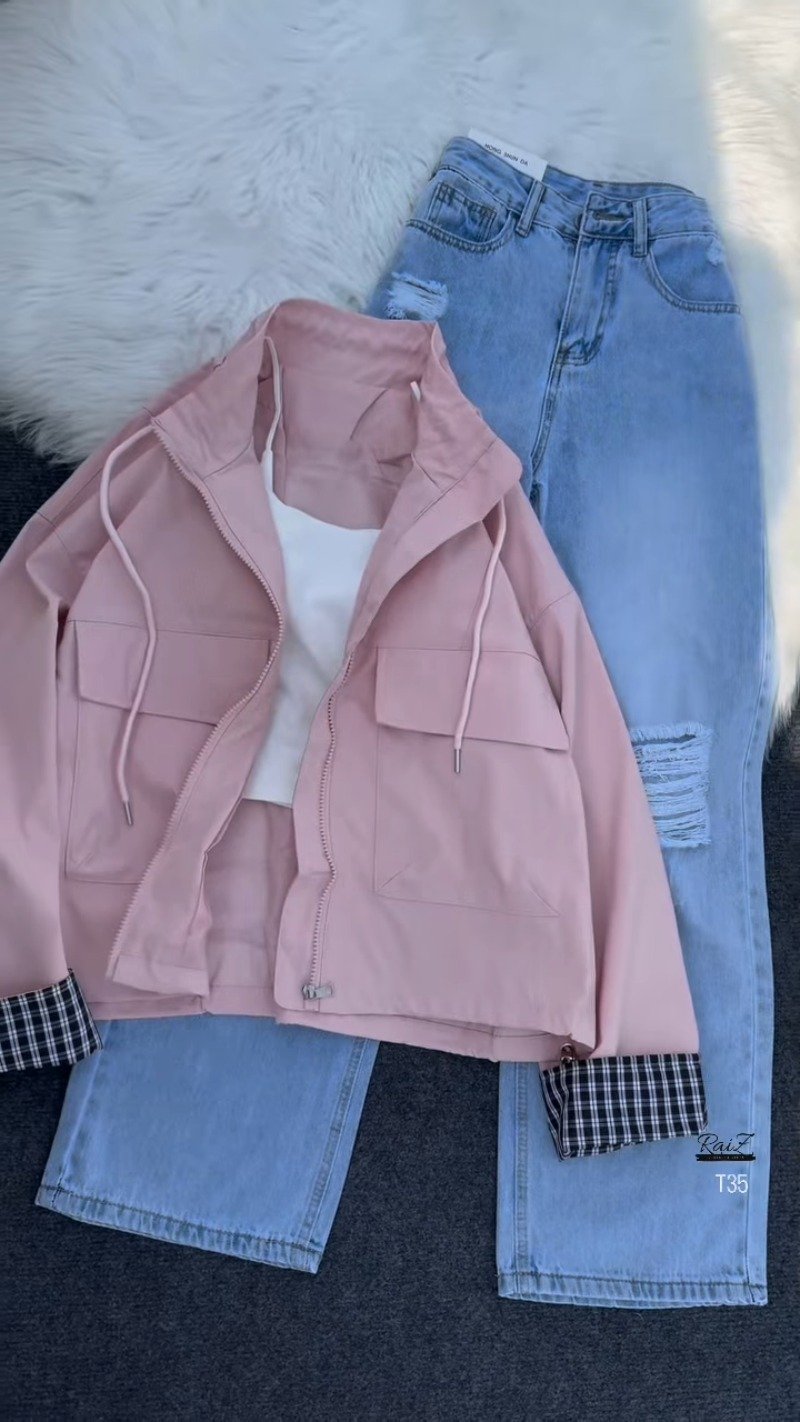 Urban Chic Zip-Up Hoodie Jacket & Distressed Denim Set – Available in Pink, Beige, Black & Blue - Image 3