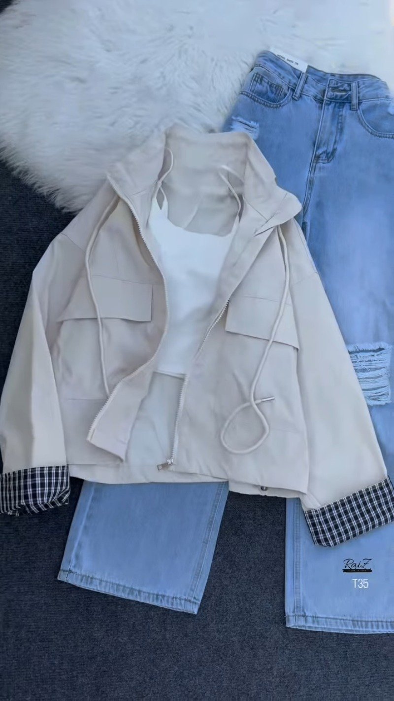 Urban Chic Zip-Up Hoodie Jacket & Distressed Denim Set – Available in Pink, Beige, Black & Blue - Image 5