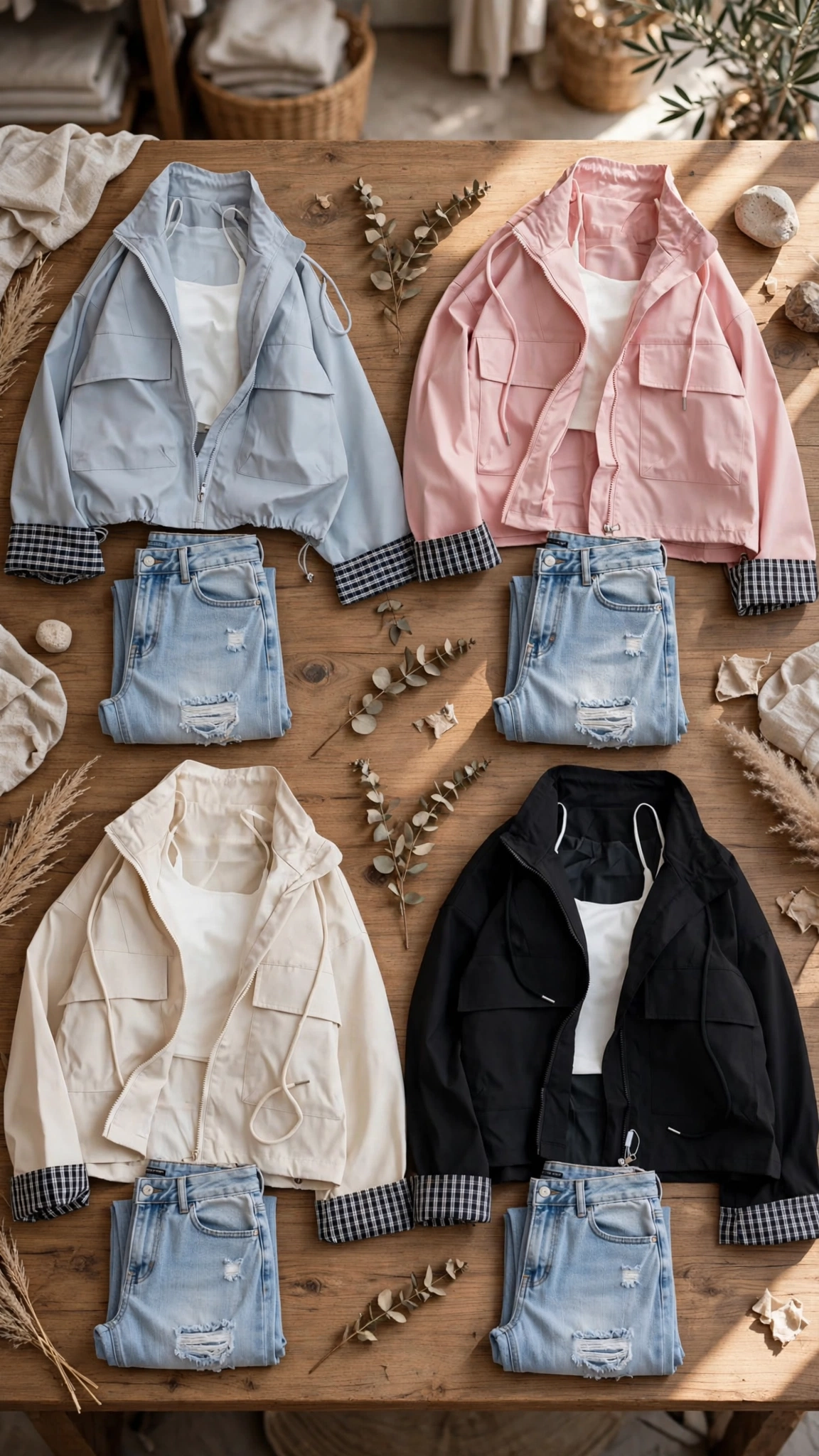 Urban Chic Zip-Up Hoodie Jacket & Distressed Denim Set – Available in Pink, Beige, Black & Blue - Image 7