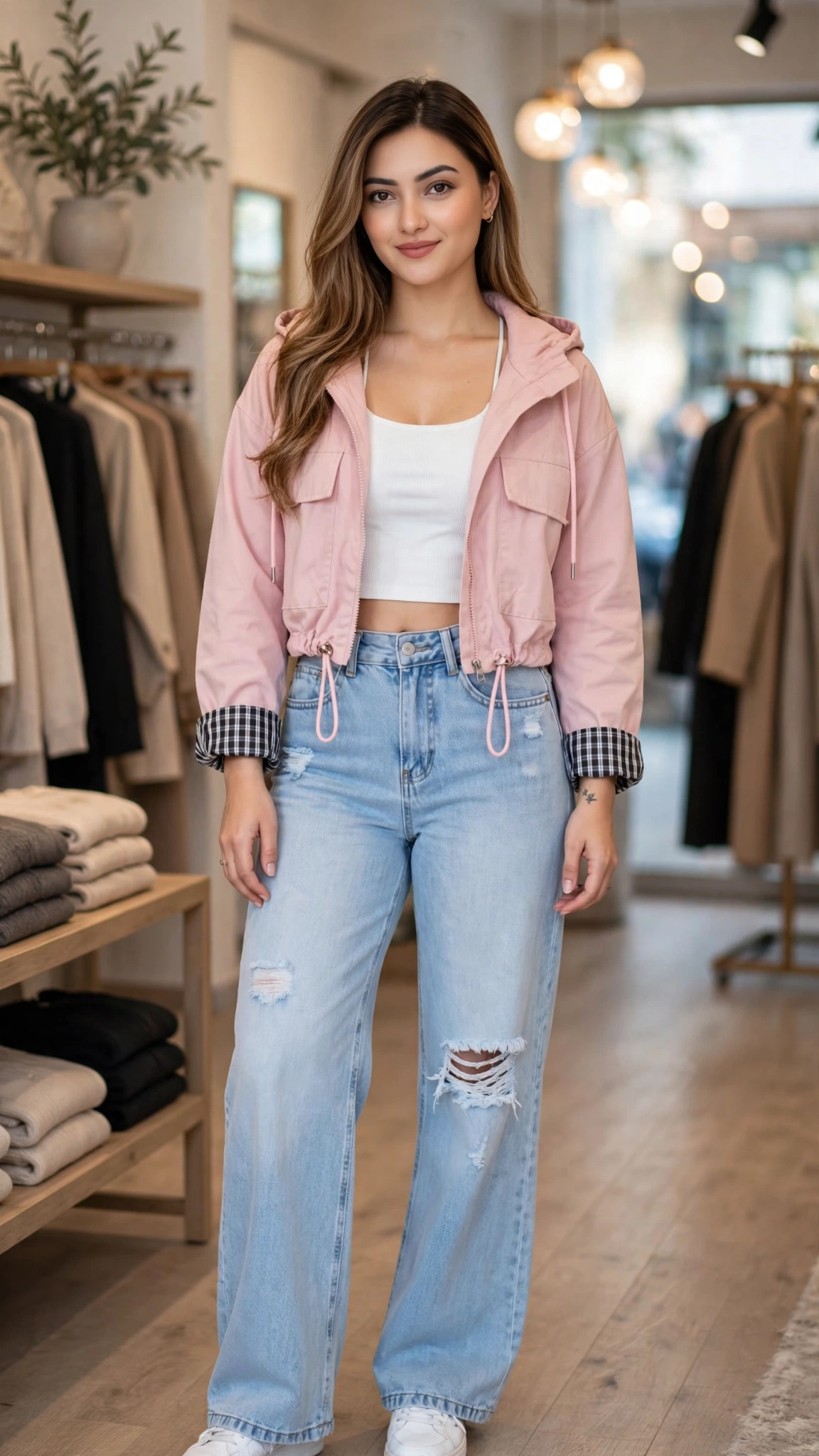 Urban Chic Zip-Up Hoodie Jacket & Distressed Denim Set – Available in Pink, Beige, Black & Blue