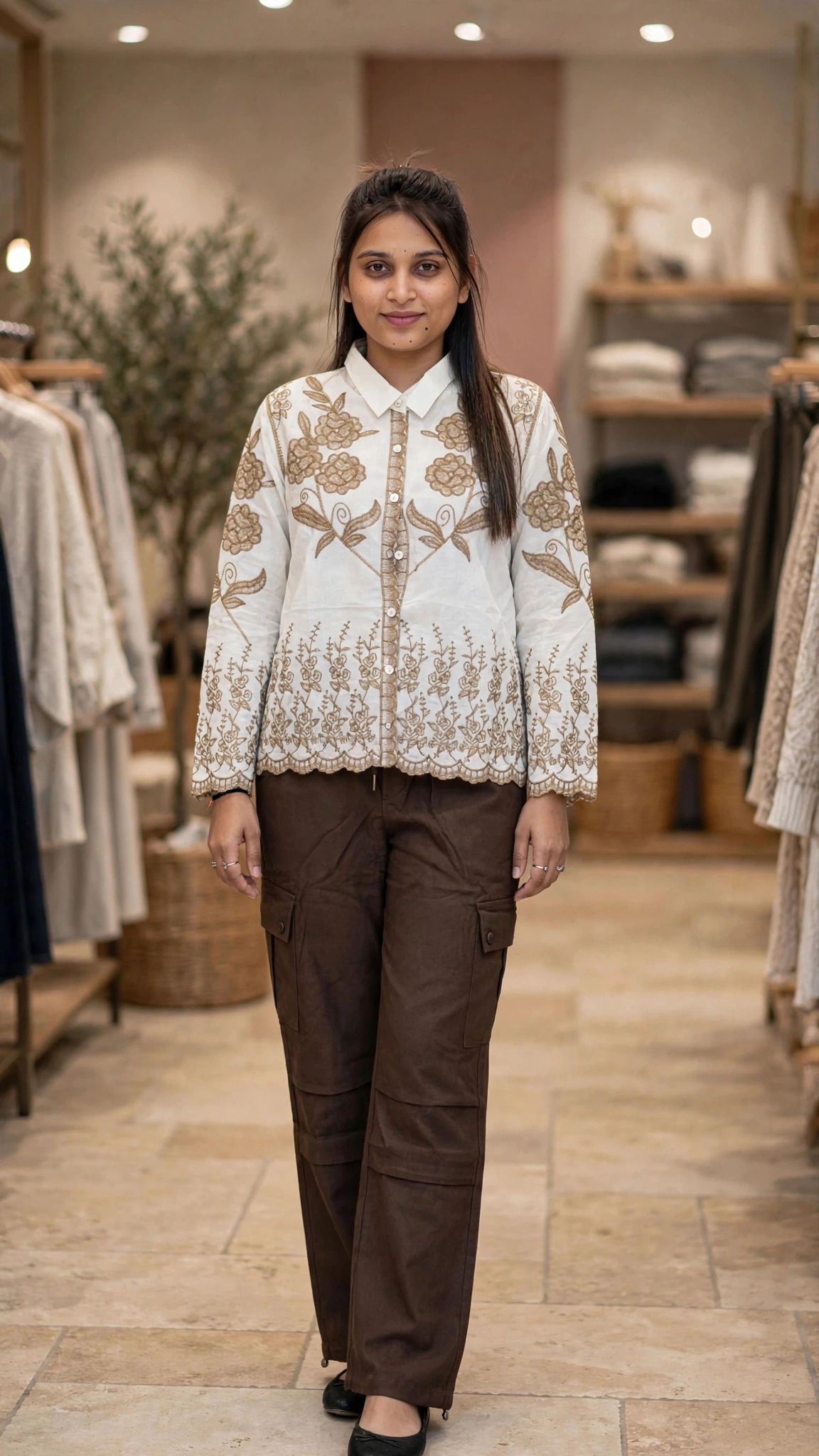 Floral Embroidered Linen Co-ord Set with Statement Trousers – Available in Classic Black, Earthy Brown & Deep Maroon