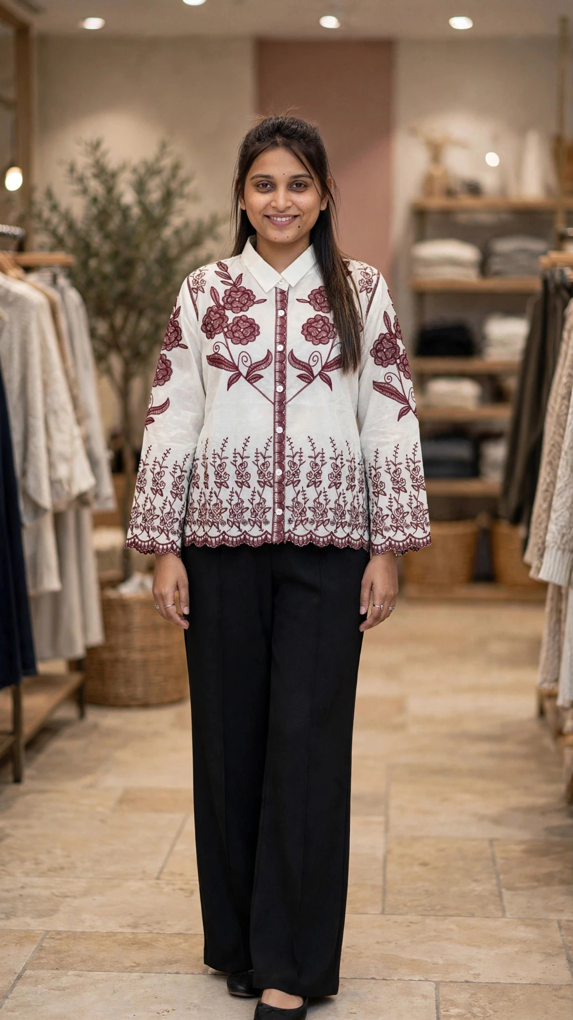 Floral Embroidered Linen Co-ord Set with Statement Trousers – Available in Classic Black, Earthy Brown & Deep Maroon - Image 2