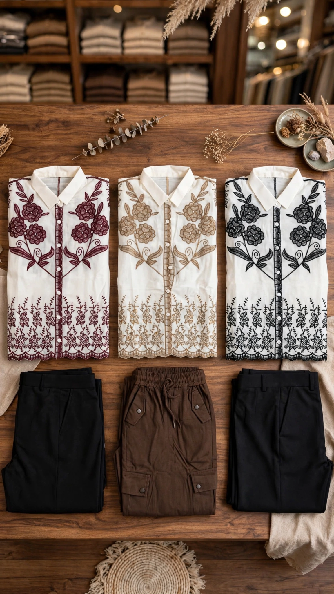 Floral Embroidered Linen Co-ord Set with Statement Trousers – Available in Classic Black, Earthy Brown & Deep Maroon - Image 3