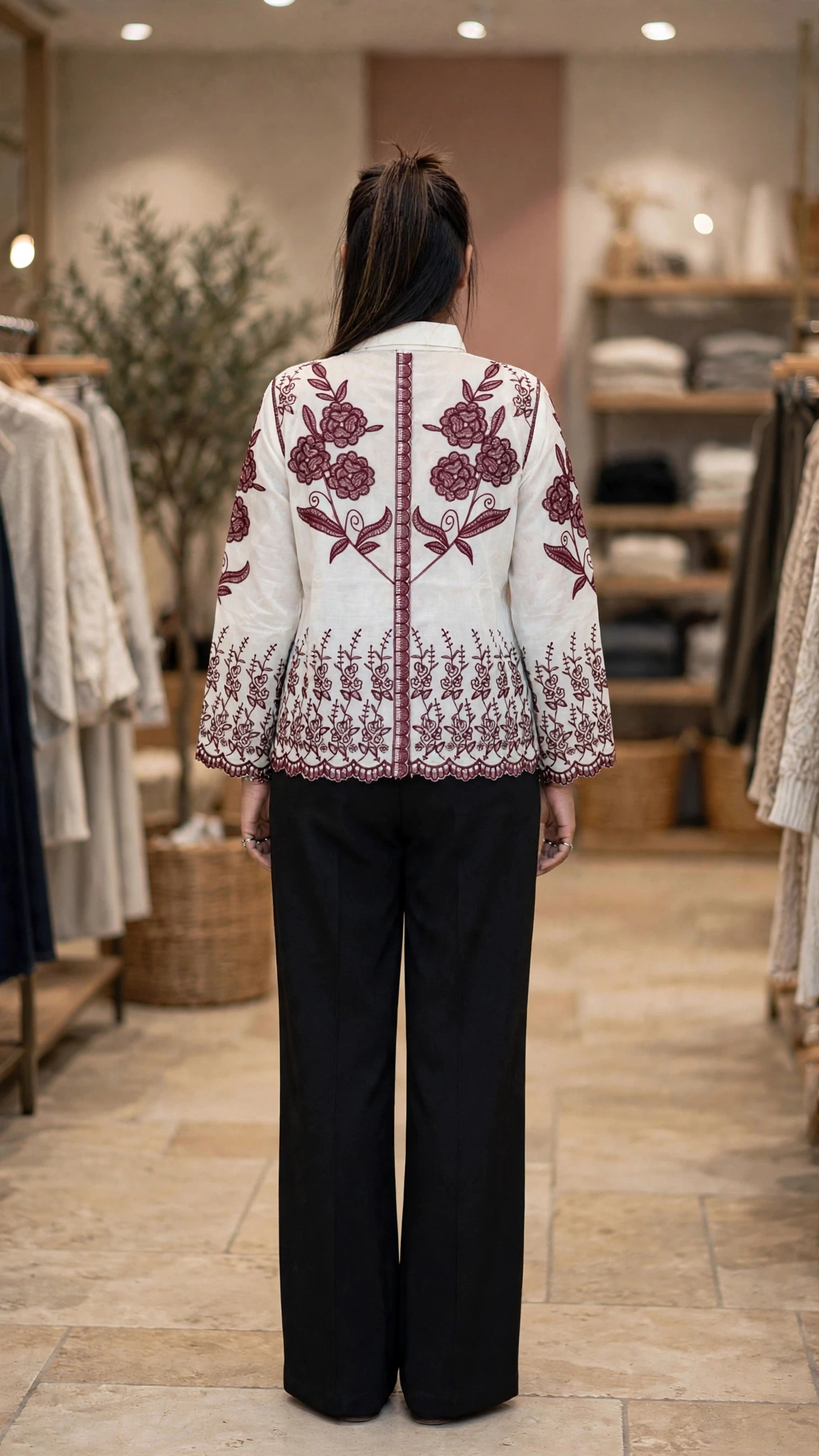 Floral Embroidered Linen Co-ord Set with Statement Trousers – Available in Classic Black, Earthy Brown & Deep Maroon - Image 5