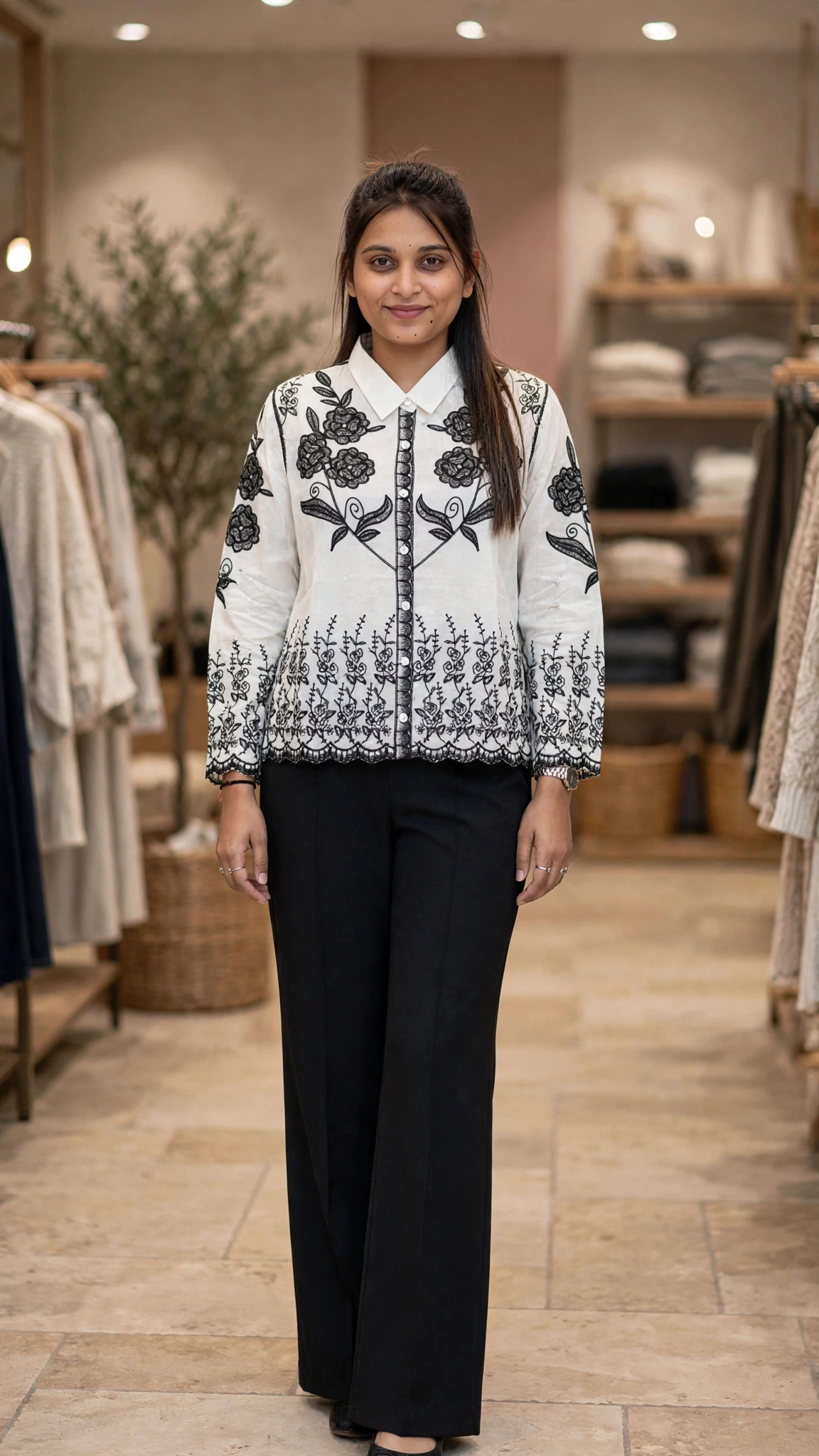 Floral Embroidered Linen Co-ord Set with Statement Trousers – Available in Classic Black, Earthy Brown & Deep Maroon - Image 6