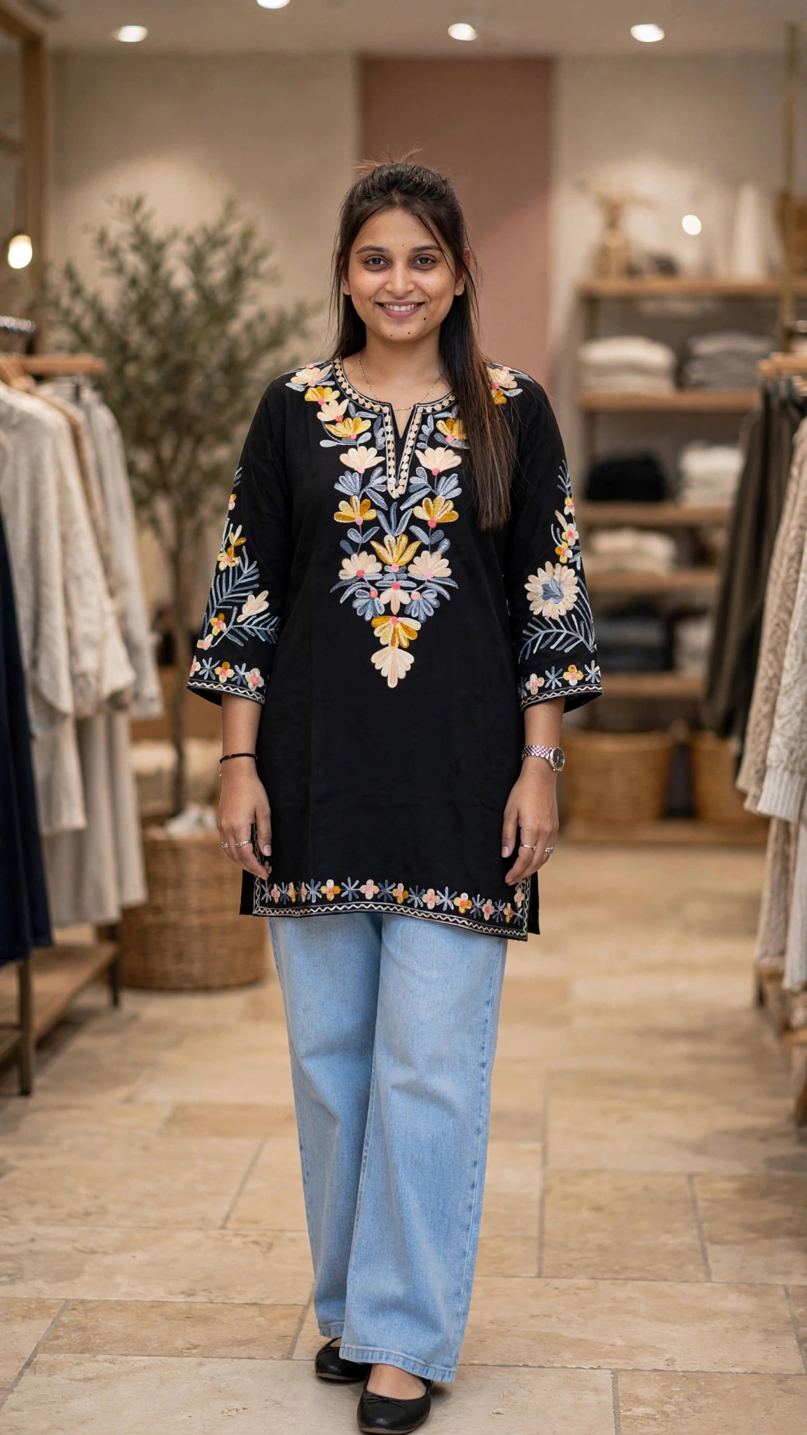 Midnight Bloom Floral Embroidered Cotton Kurta Set