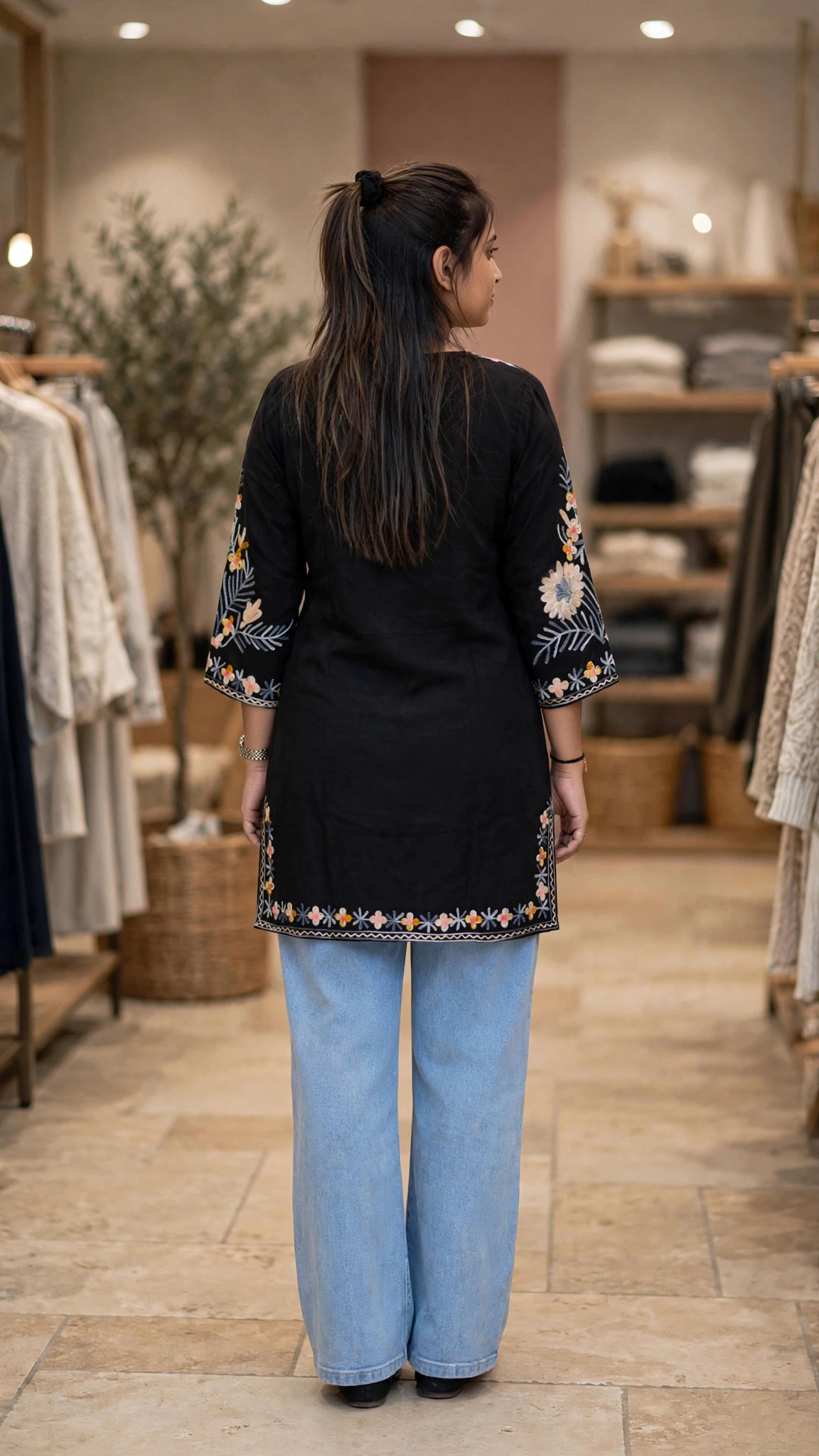 Midnight Bloom Floral Embroidered Cotton Kurta Set - Image 2