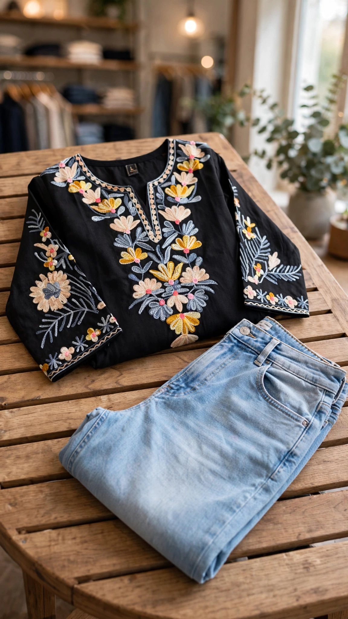 Midnight Bloom Floral Embroidered Cotton Kurta Set - Image 4