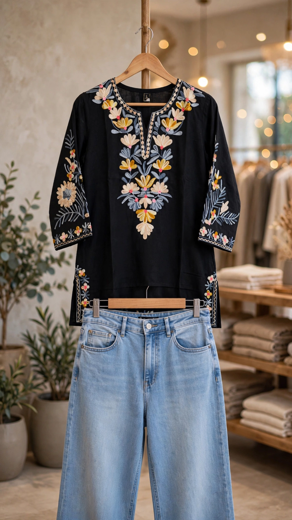 Midnight Bloom Floral Embroidered Cotton Kurta Set - Image 5
