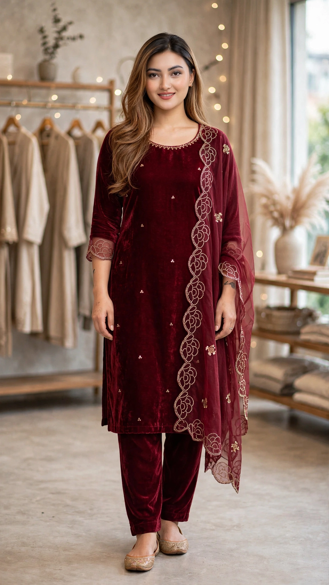 Royal Burgundy Velvet Kurta Set with Intricate Floral Embroidery