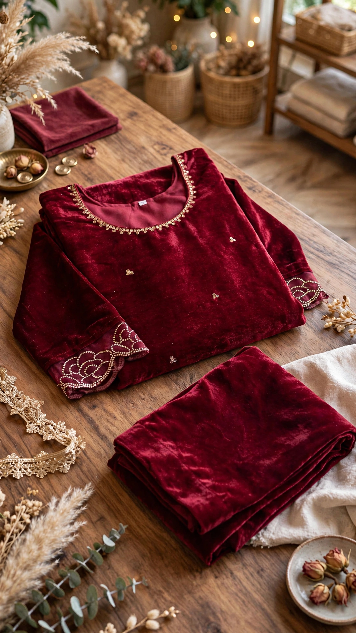 Royal Burgundy Velvet Kurta Set with Intricate Floral Embroidery - Image 2
