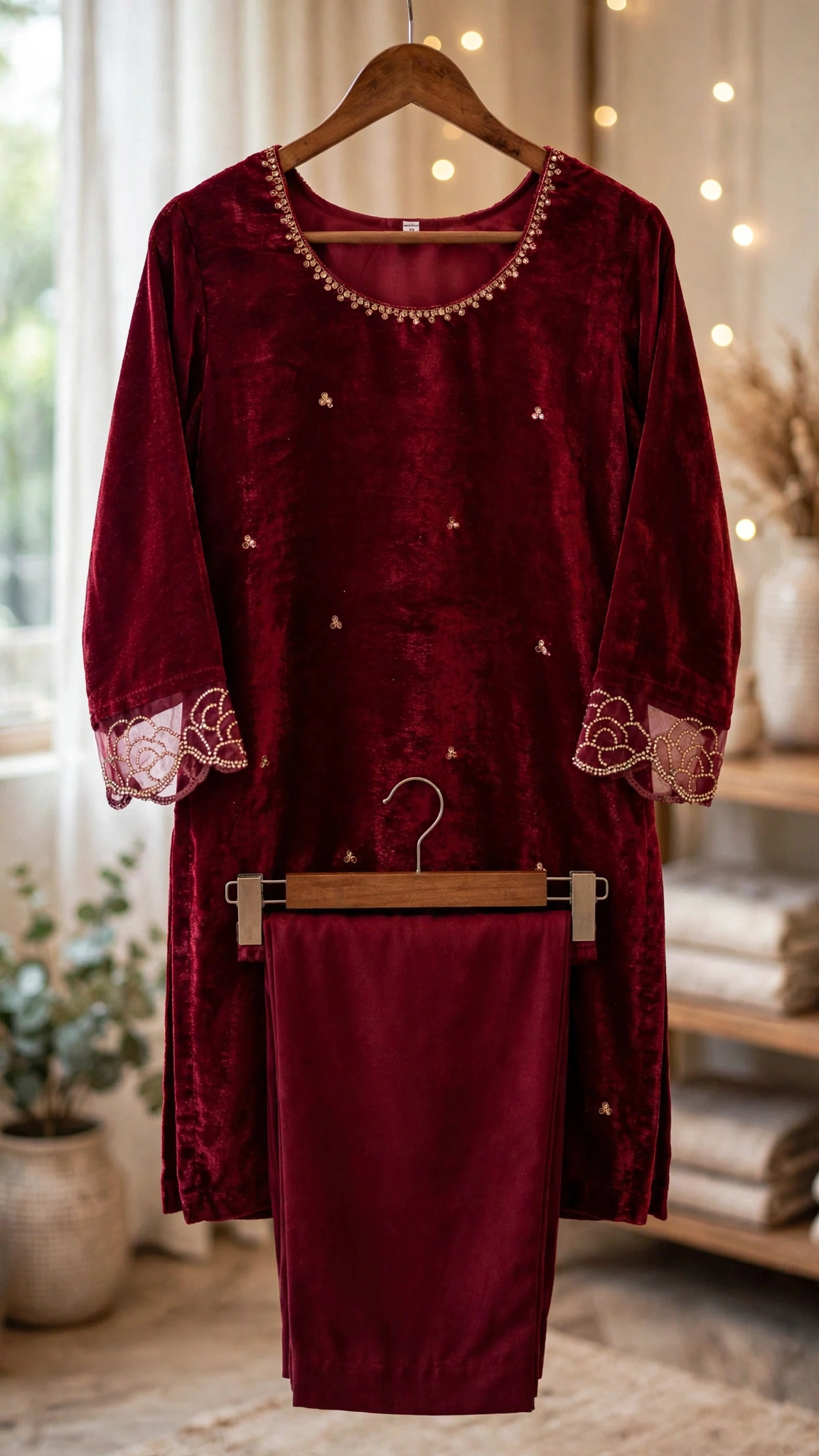 Royal Burgundy Velvet Kurta Set with Intricate Floral Embroidery - Image 3