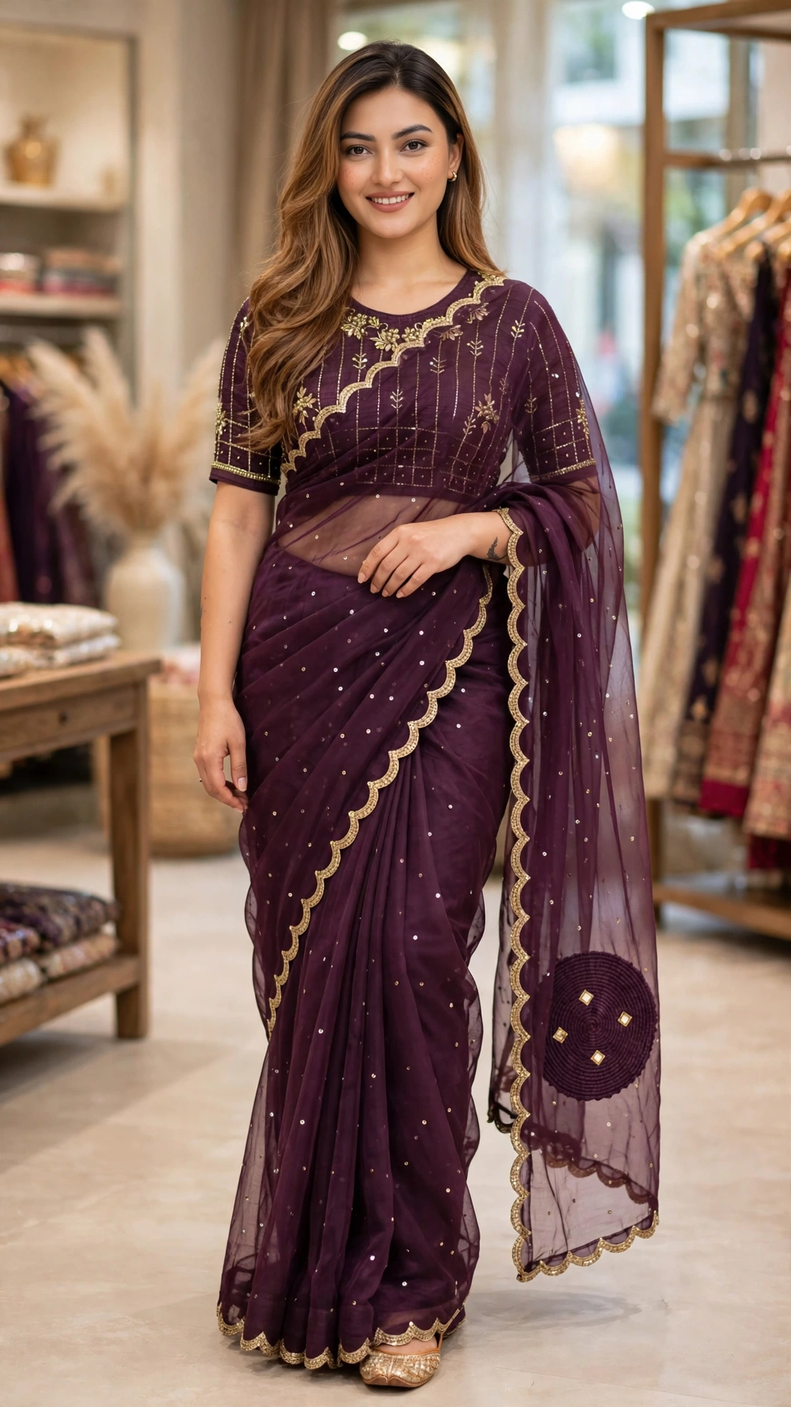 Royal Plum Hand-Embellished Organza Saree Set with Cutwork Border