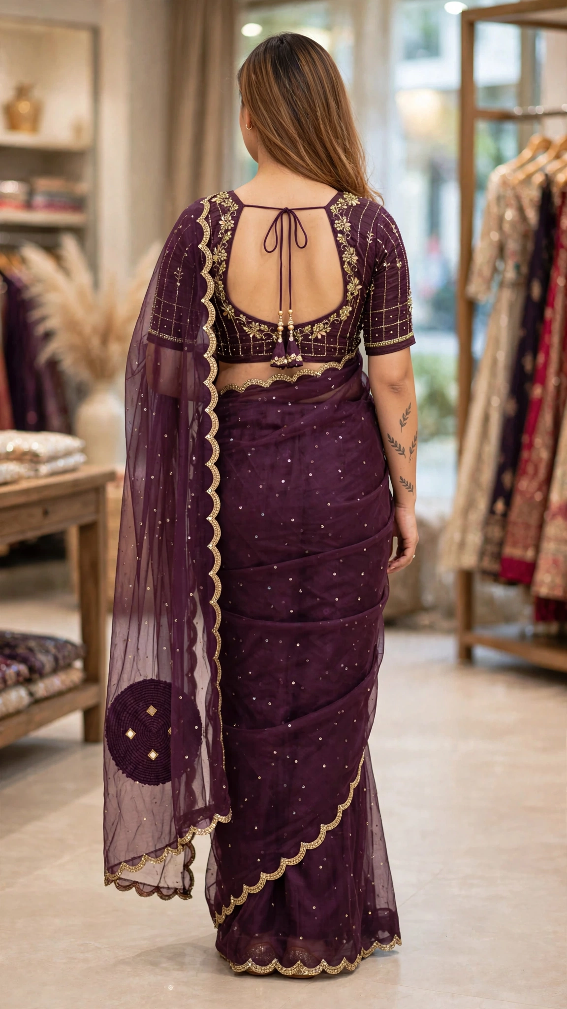 Royal Plum Hand-Embellished Organza Saree Set with Cutwork Border - Image 2