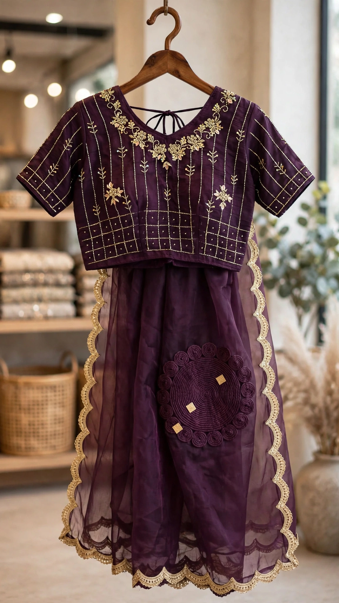 Royal Plum Hand-Embellished Organza Saree Set with Cutwork Border - Image 4