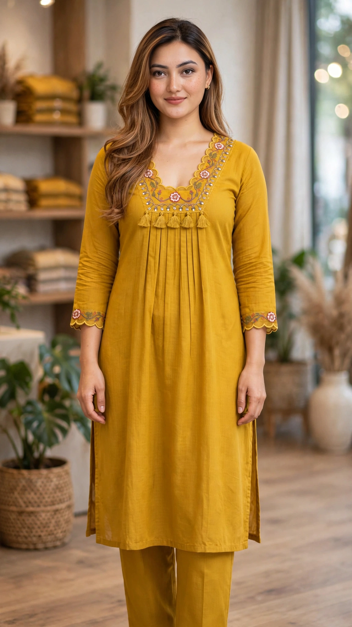 Artisanal Floral Embroidered Kurta Set – Available in Mustard, Magenta, Burnt Orange & Olive Green