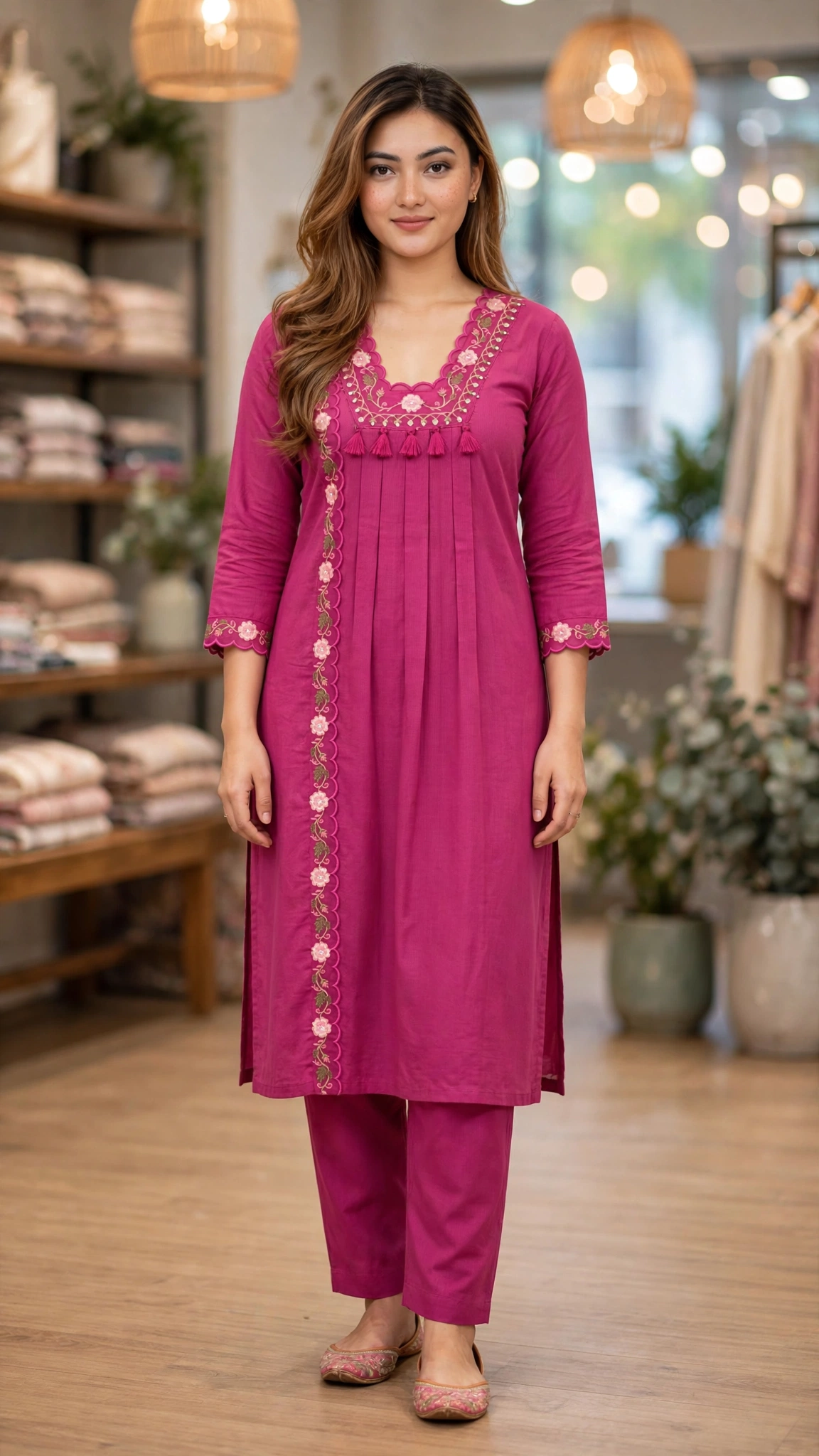 Artisanal Floral Embroidered Kurta Set – Available in Mustard, Magenta, Burnt Orange & Olive Green - Image 2