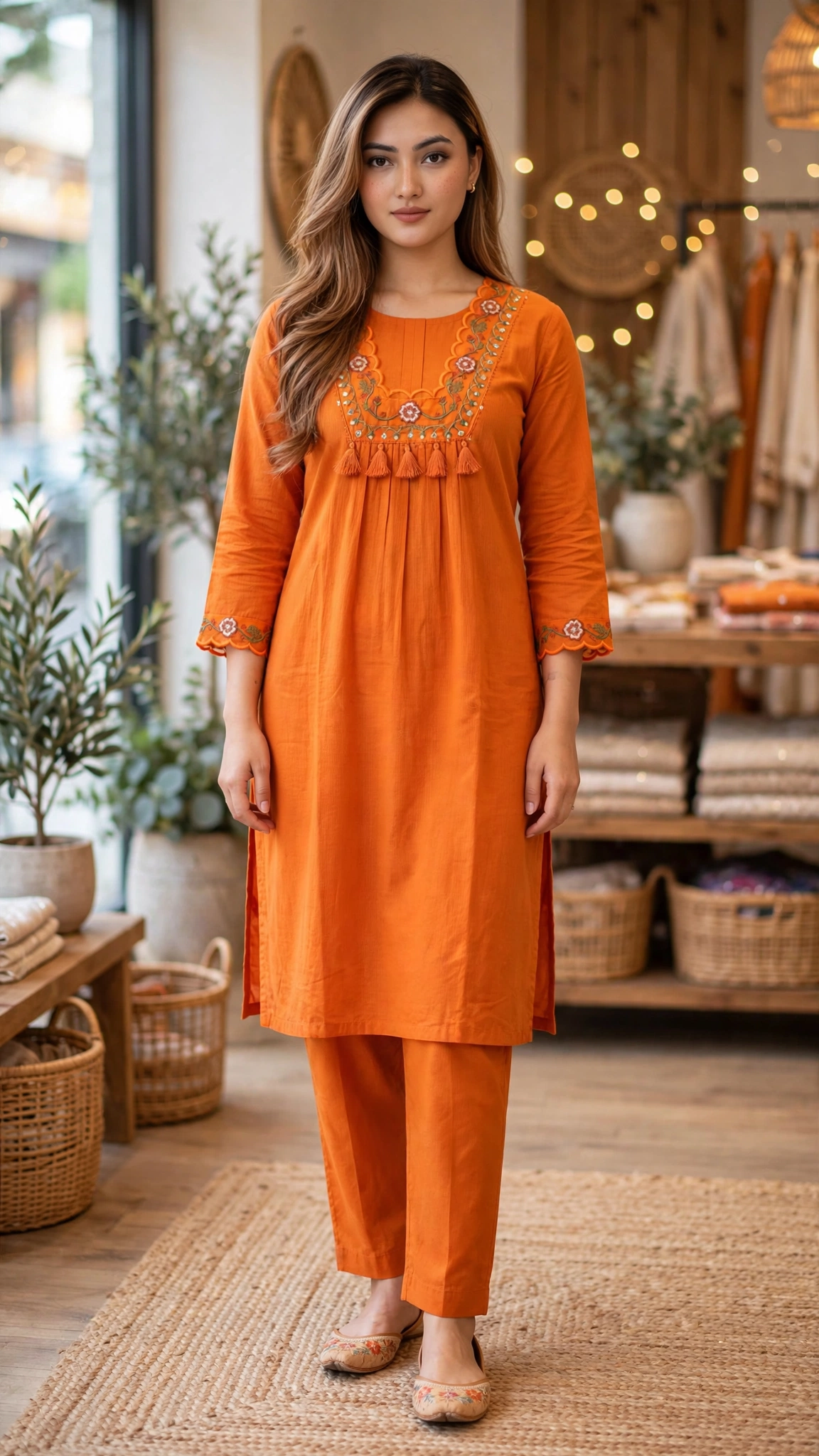Artisanal Floral Embroidered Kurta Set – Available in Mustard, Magenta, Burnt Orange & Olive Green - Image 3