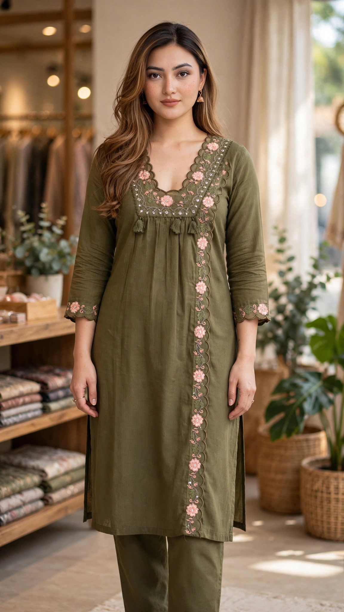 Artisanal Floral Embroidered Kurta Set – Available in Mustard, Magenta, Burnt Orange & Olive Green - Image 4