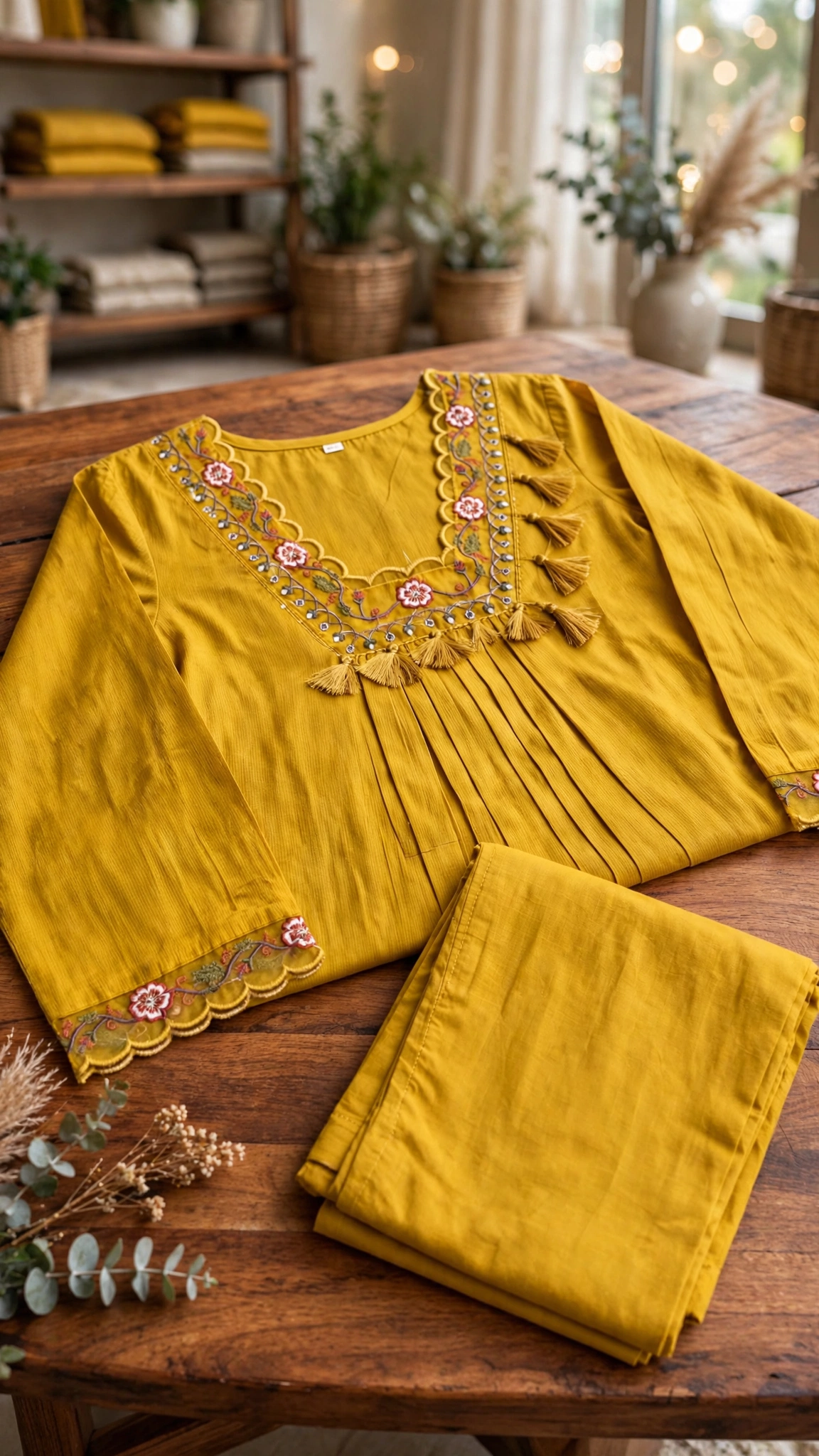 Artisanal Floral Embroidered Kurta Set – Available in Mustard, Magenta, Burnt Orange & Olive Green - Image 5