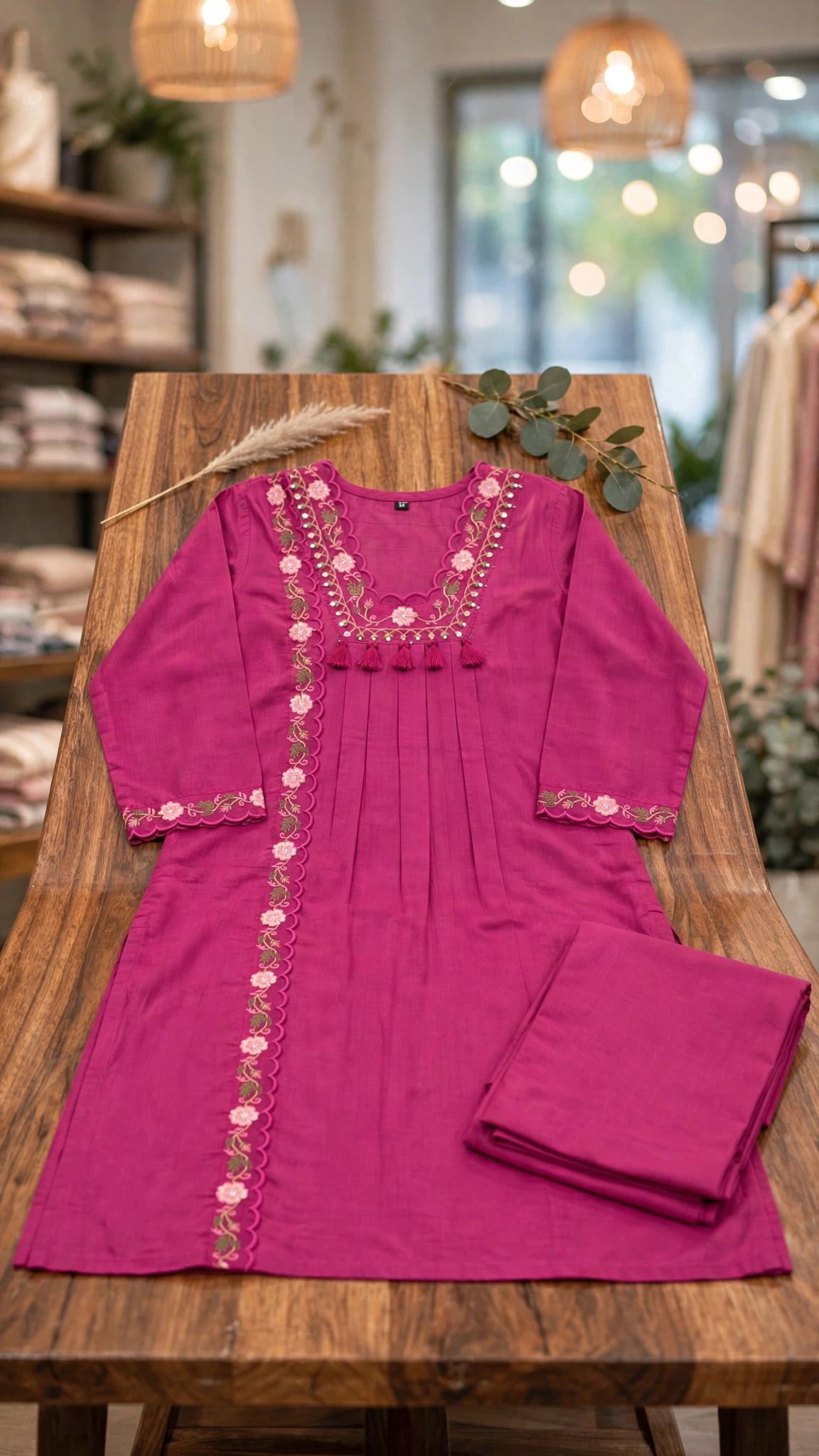 Artisanal Floral Embroidered Kurta Set – Available in Mustard, Magenta, Burnt Orange & Olive Green - Image 6