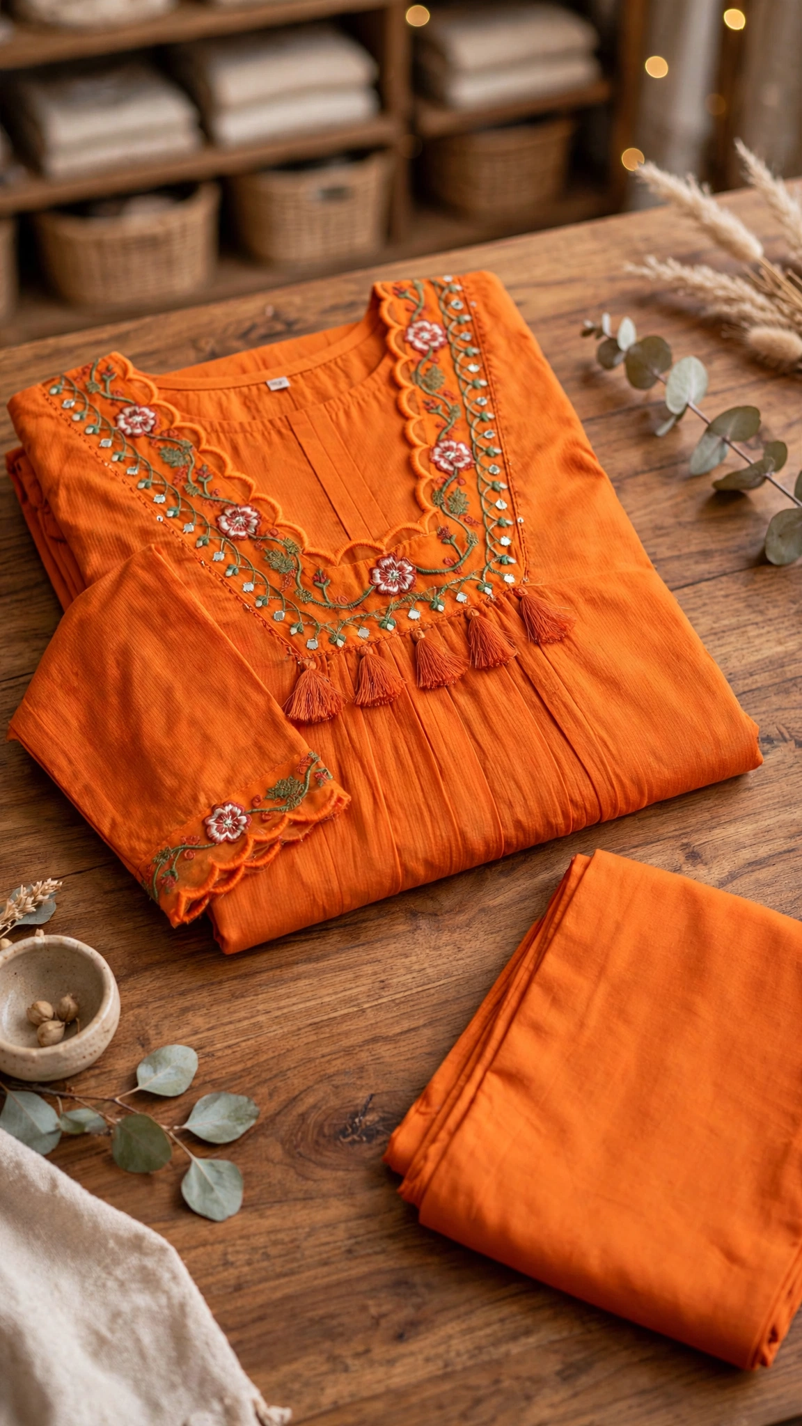 Artisanal Floral Embroidered Kurta Set – Available in Mustard, Magenta, Burnt Orange & Olive Green - Image 7