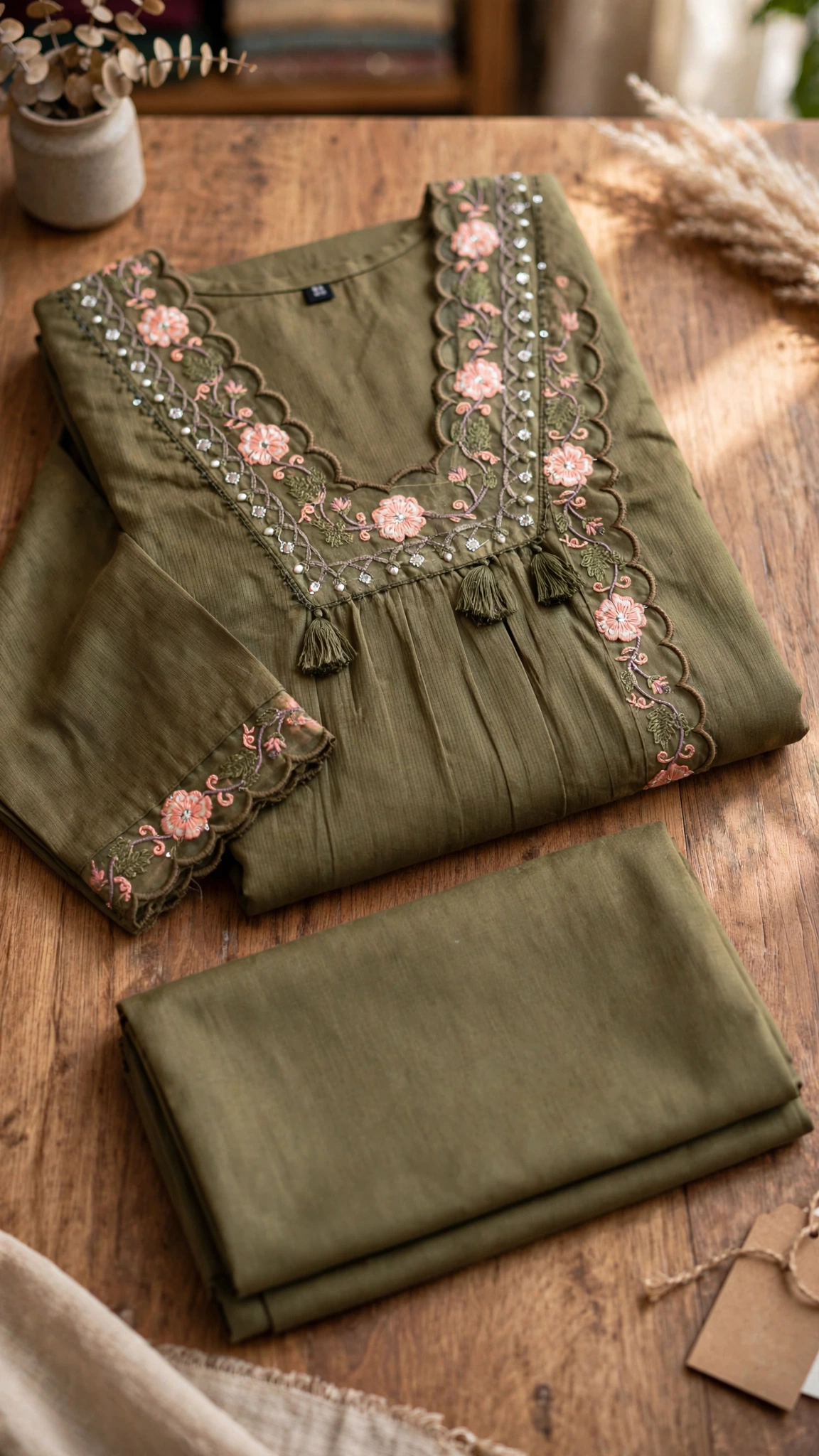 Artisanal Floral Embroidered Kurta Set – Available in Mustard, Magenta, Burnt Orange & Olive Green - Image 8