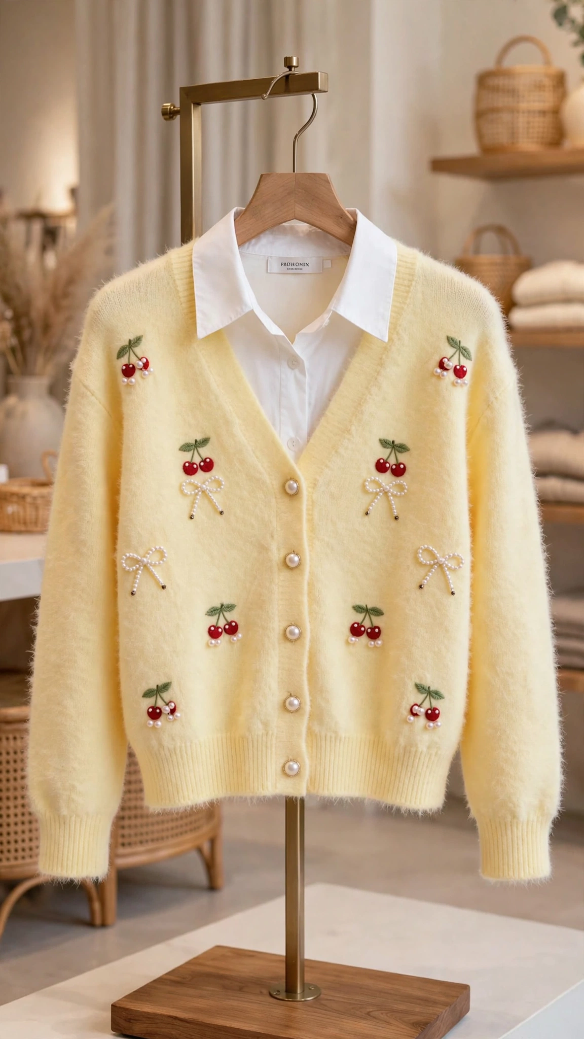 Enchanting Cherry Embroidered Fuzzy Cardigan Set – Available in Pastel Pink & Soft Yellow - Image 3