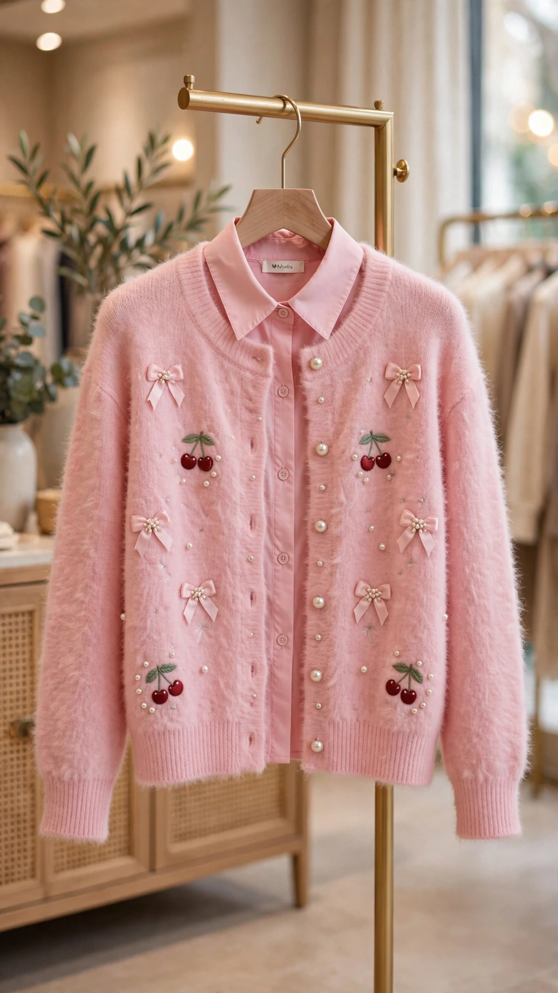 Enchanting Cherry Embroidered Fuzzy Cardigan Set – Available in Pastel Pink & Soft Yellow - Image 4